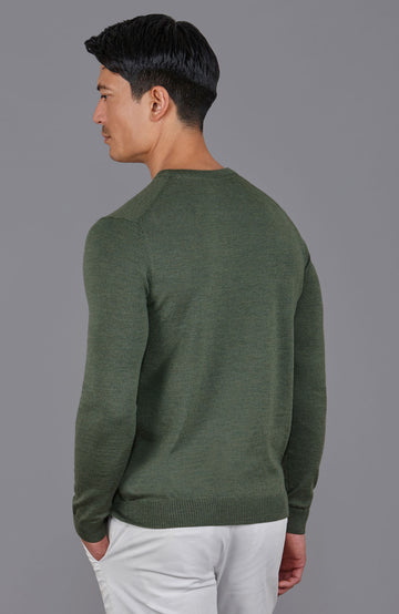 green mens crew neck fine merino wool jumper by Paul James