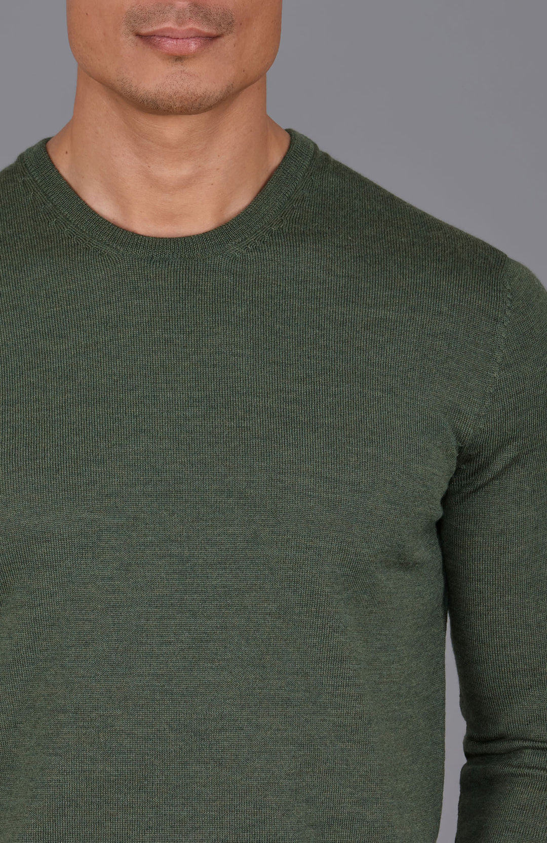 green mens crew neck fine merino wool jumper by Paul James