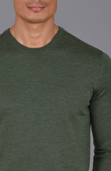 green mens crew neck fine merino wool jumper by Paul James