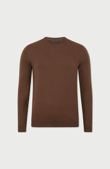 Oak Brown Mens Extra Fine Merino Wool Crew Neck Jumper By Paul James