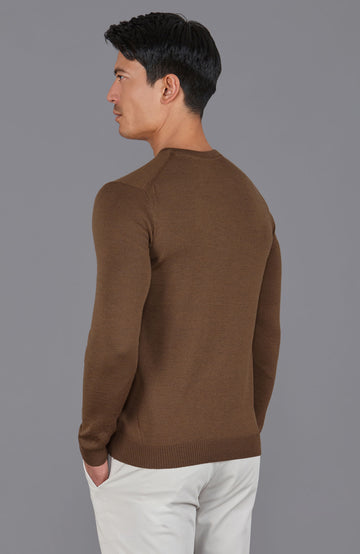 brown mens crew neck fine merino wool jumper by Paul James