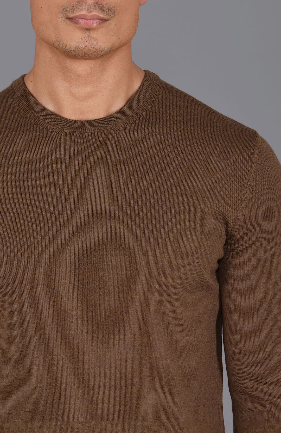 brown mens crew neck fine merino wool jumper by Paul James
