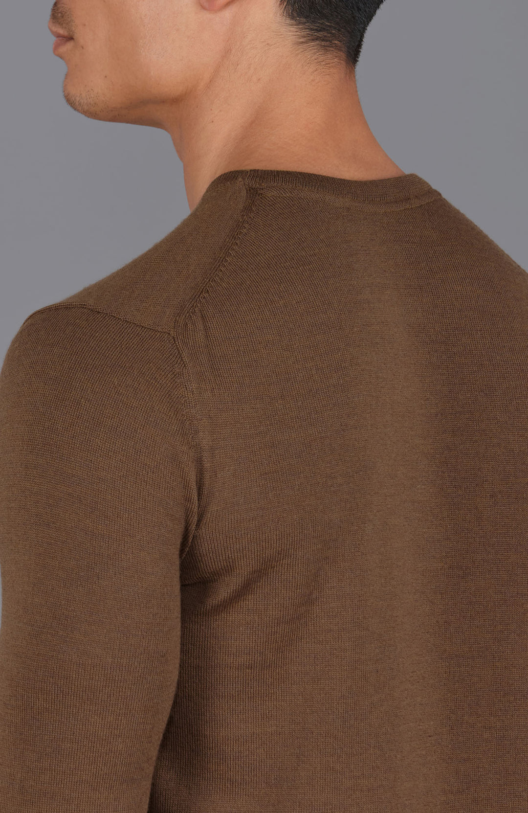 brown mens crew neck fine merino wool jumper by Paul James