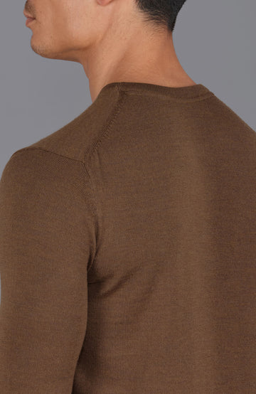brown mens crew neck fine merino wool jumper by Paul James