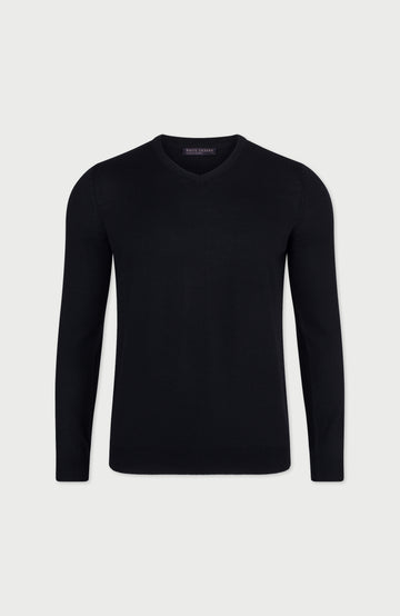 Black Mens Extra Fine Merino Wool V-Neck Jumper By Paul James