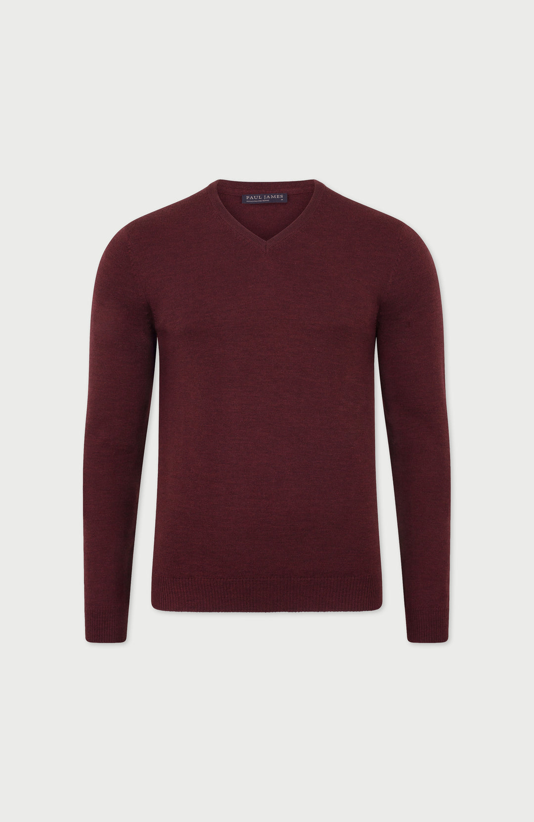 Burgundy Mens Extra Fine Merino Wool V-Neck Jumper By Paul James