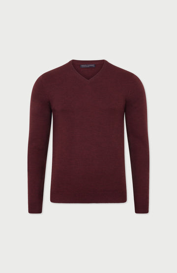 Burgundy Mens Extra Fine Merino Wool V-Neck Jumper By Paul James