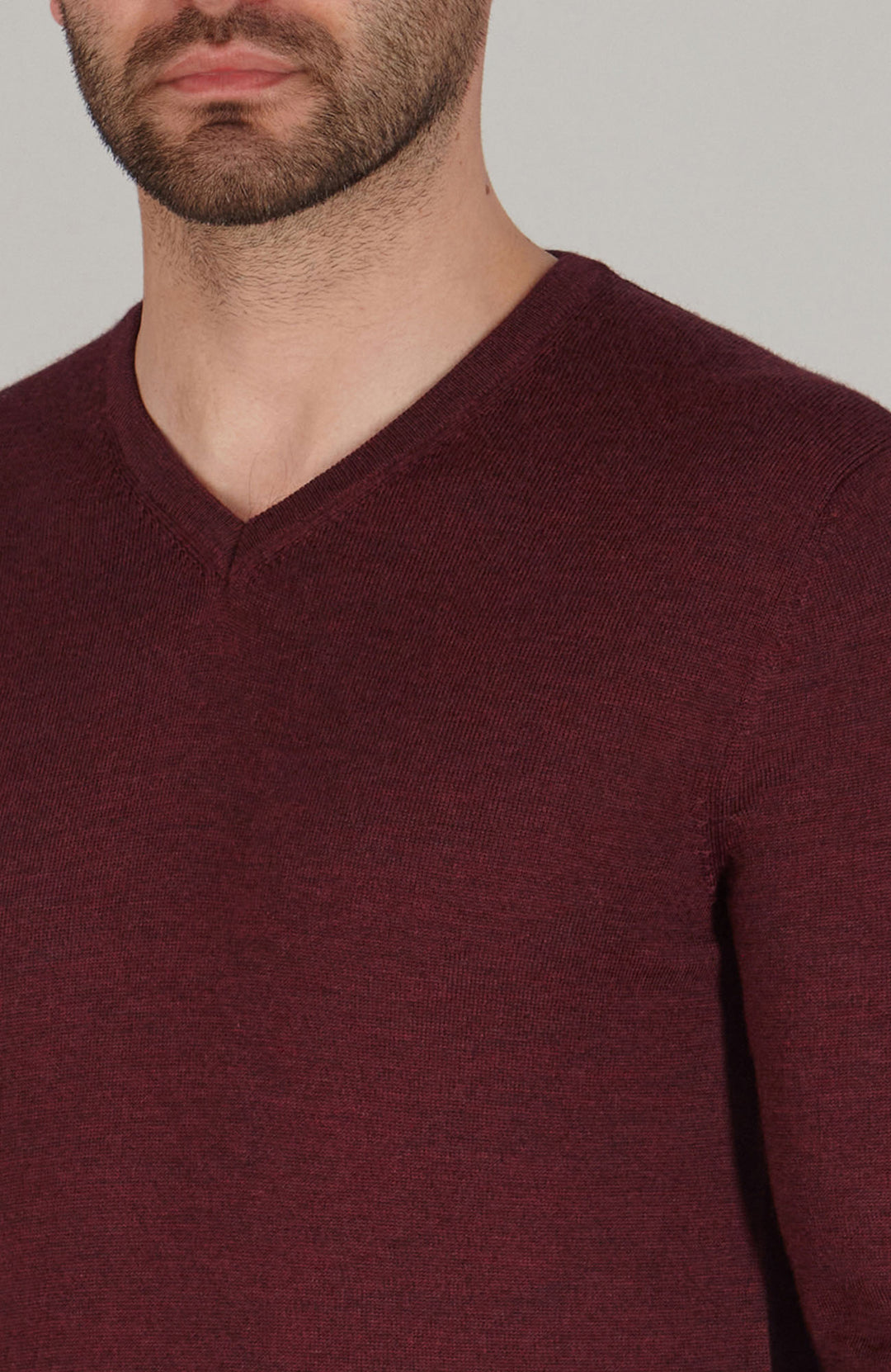 burgundy mens v neck merino wool jumper by Paul James