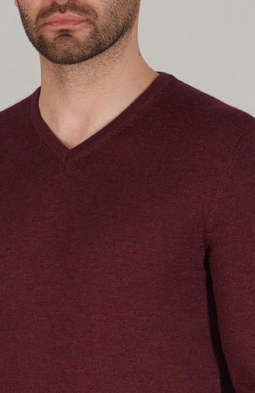 burgundy mens v neck merino wool jumper by Paul James