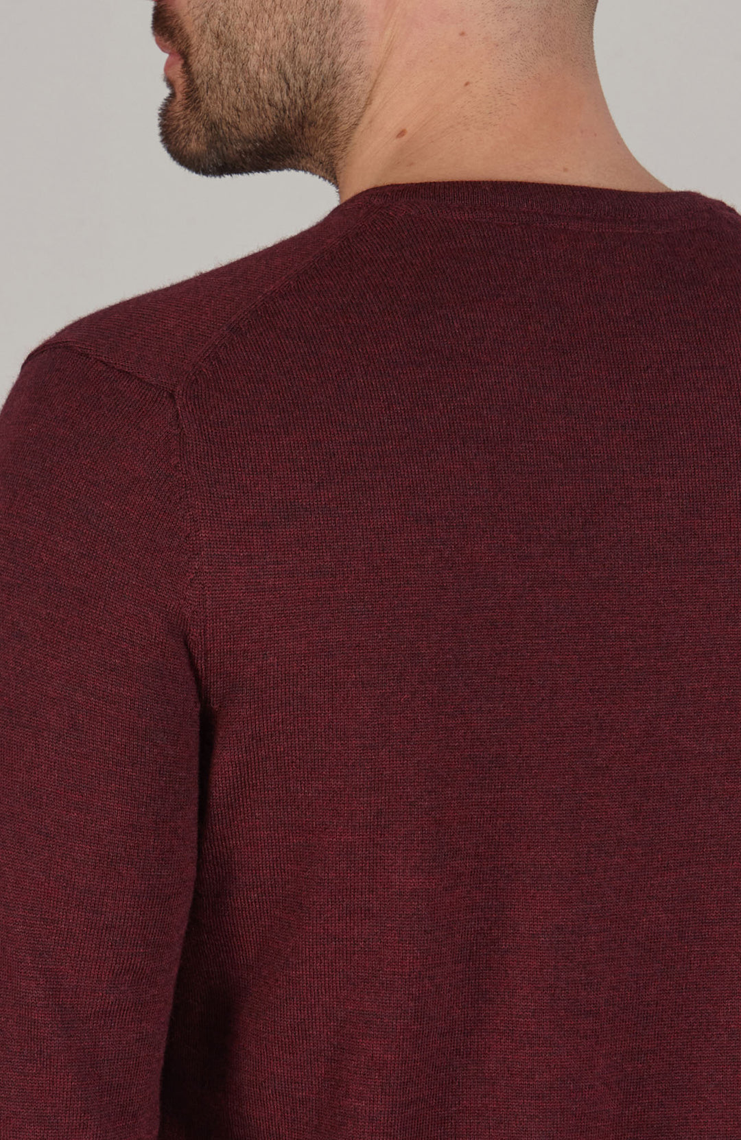 burgundy mens v neck merino wool jumper by Paul James