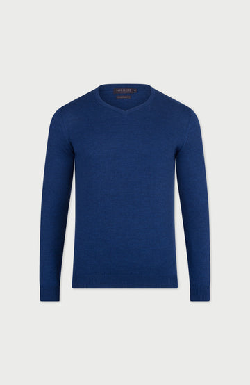 Indigo Blue Mens Extra Fine Merino Wool V-Neck Jumper By Paul James