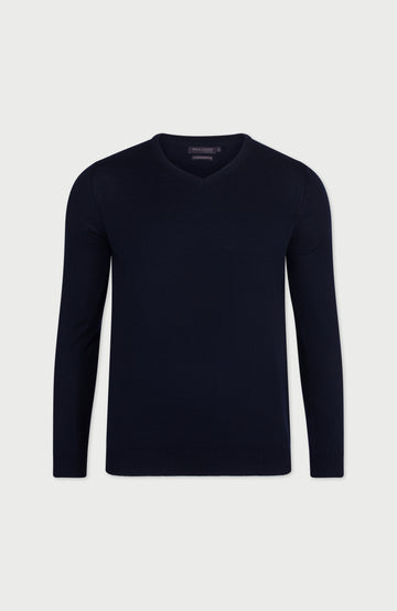Navy Mens Extra Fine Merino Wool V-Neck Jumper By Paul James