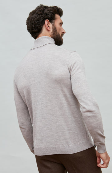 beige fine merino wool roll neck jumper by Paul James