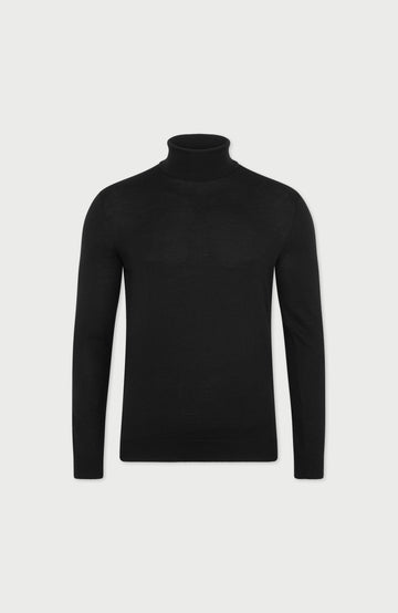 Black Mens Extra Fine Merino Wool Roll Neck Jumper By Paul James