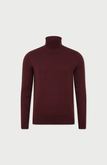 Burgundy Mens Extra Fine Merino Wool Roll Neck Jumper By Paul James