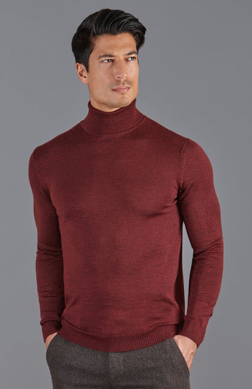 burgundy mens fine merino wool roll neck jumper by Paul James