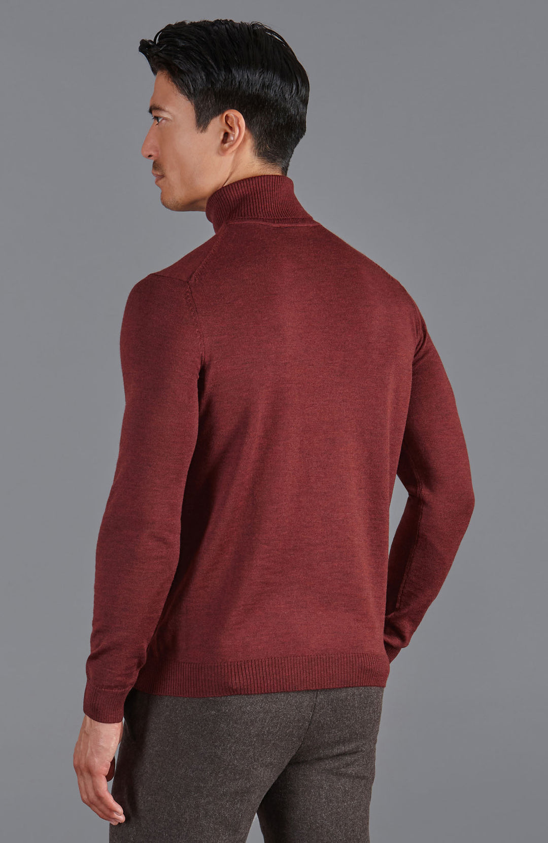 burgundy mens fine merino wool roll neck jumper by Paul James