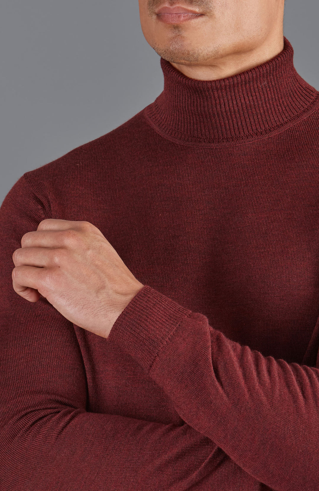 burgundy mens fine merino wool roll neck jumper by Paul James