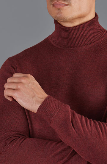 burgundy mens fine merino wool roll neck jumper by Paul James