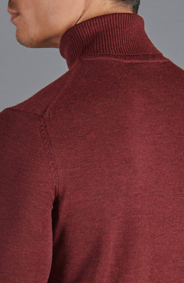 burgundy mens fine merino wool roll neck jumper by Paul James
