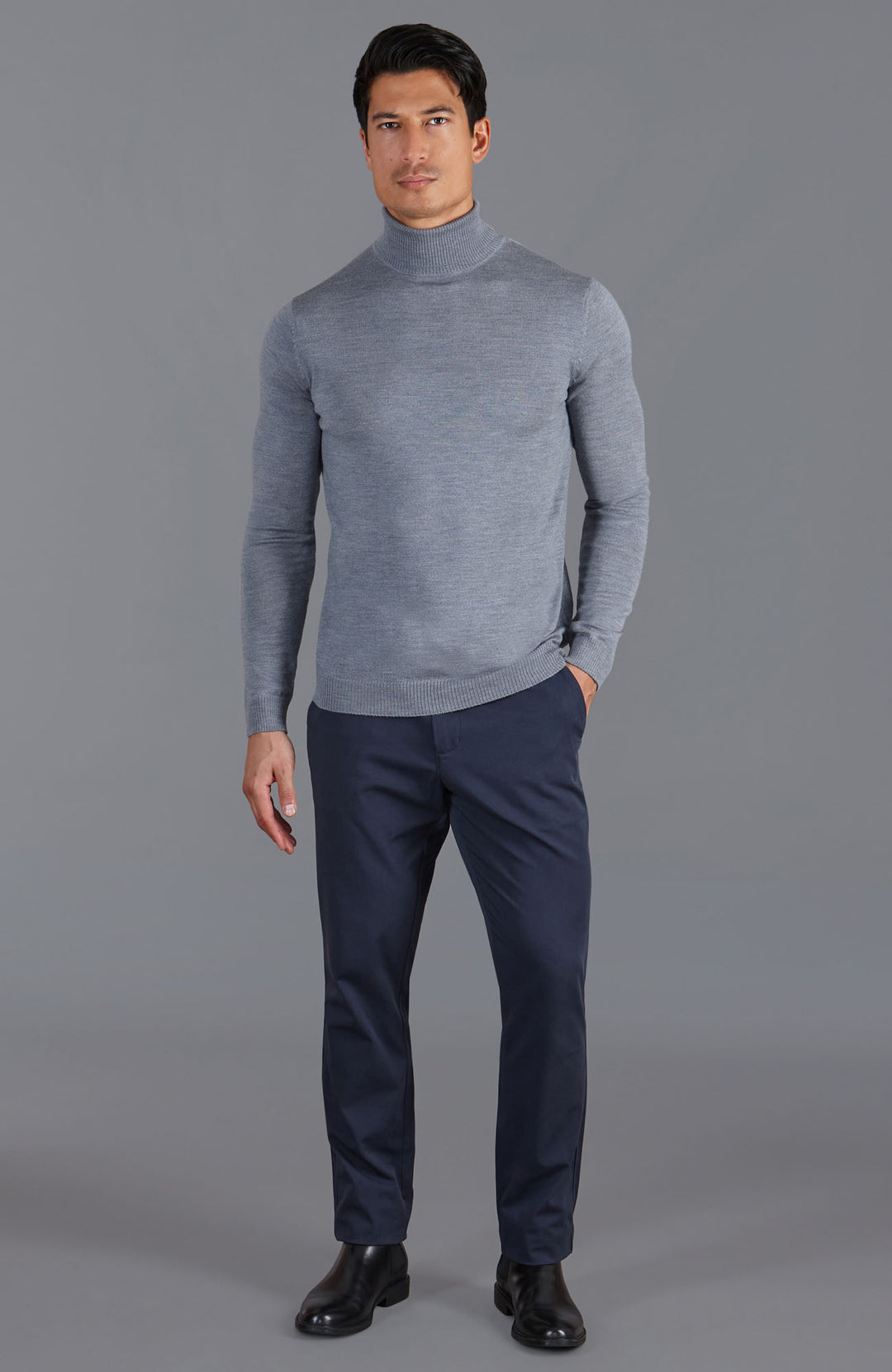 grey mens fine merino wool roll neck jumper by Paul James