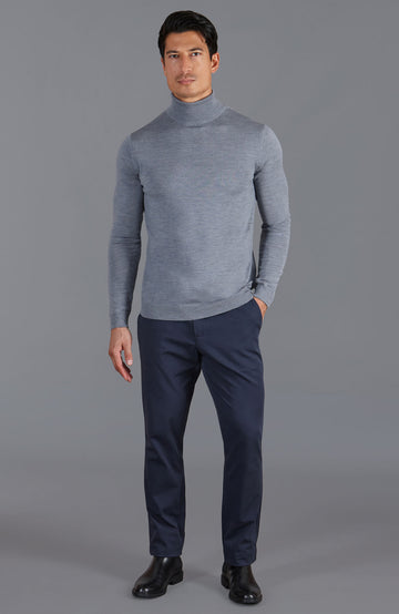 grey mens fine merino wool roll neck jumper by Paul James