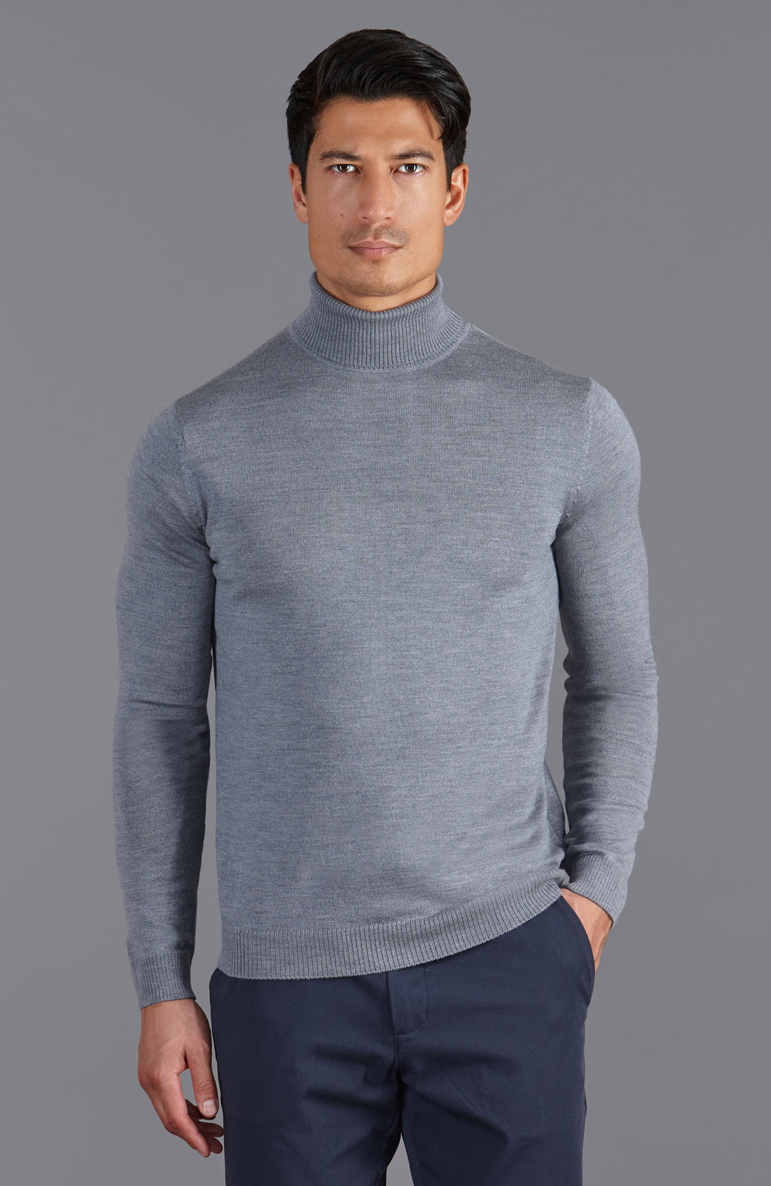 grey mens fine merino wool roll neck jumper by Paul James
