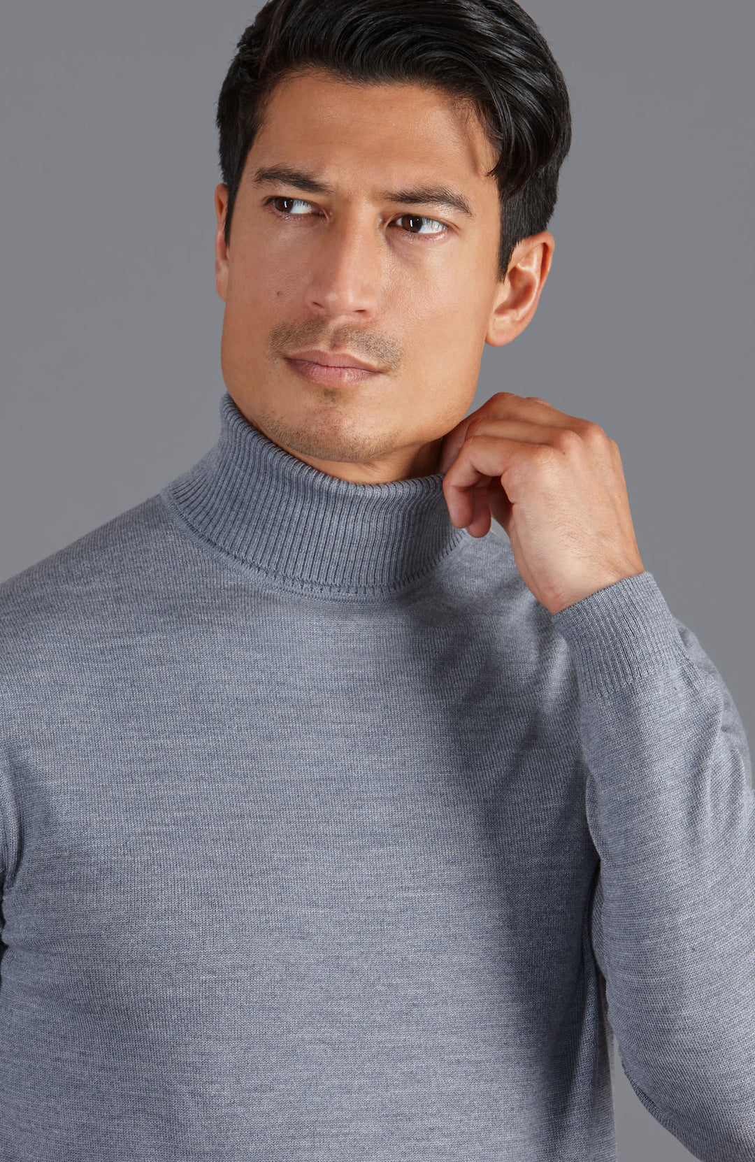 grey mens fine merino wool roll neck jumper by Paul James