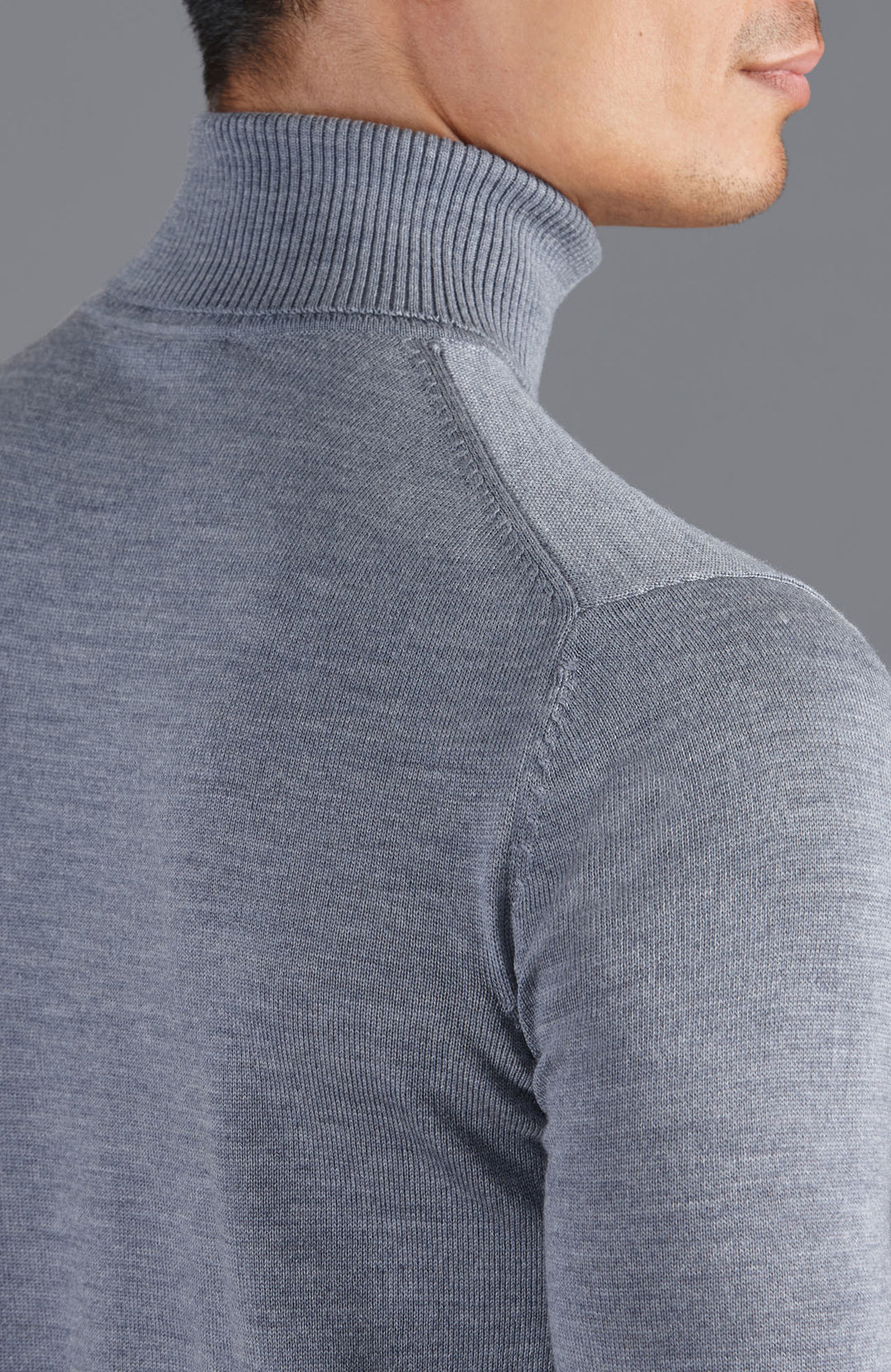 grey mens fine merino wool roll neck jumper by Paul James