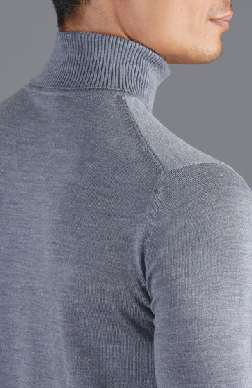 grey mens fine merino wool roll neck jumper by Paul James