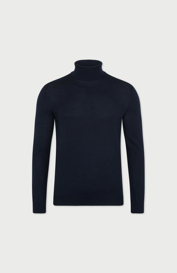 Navy Mens Extra Fine Merino Wool Roll Neck Jumper By Paul James