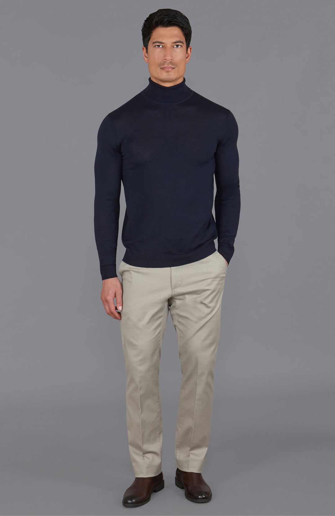 mens navy merino wool roll jumper by Paul James