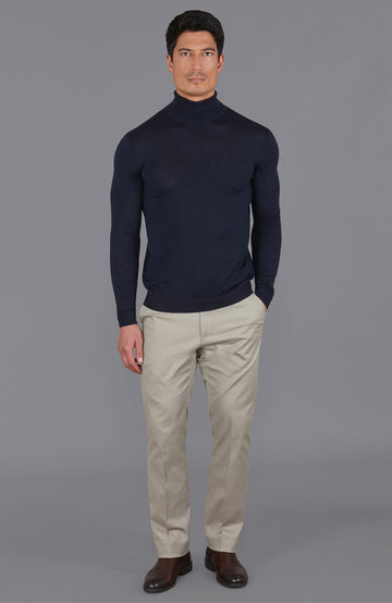 mens navy merino wool roll jumper by Paul James