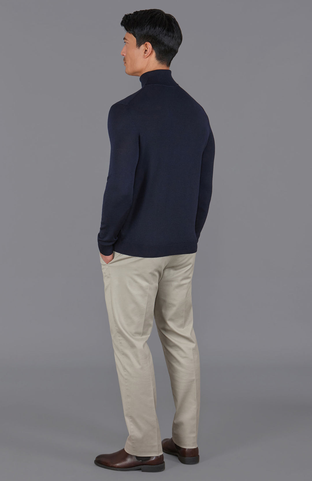 mens navy merino wool roll jumper by Paul James