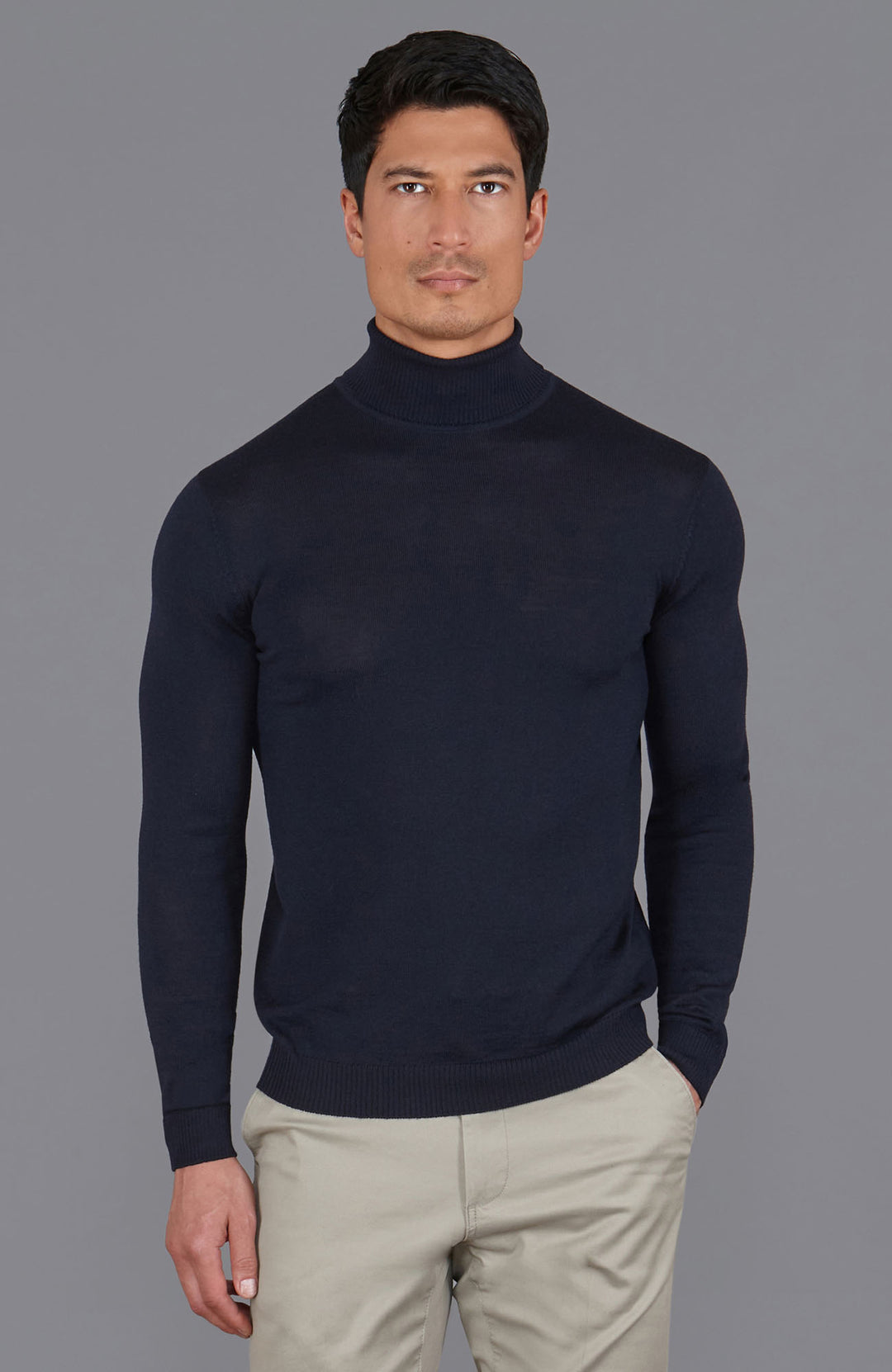 mens navy merino wool roll jumper by Paul James