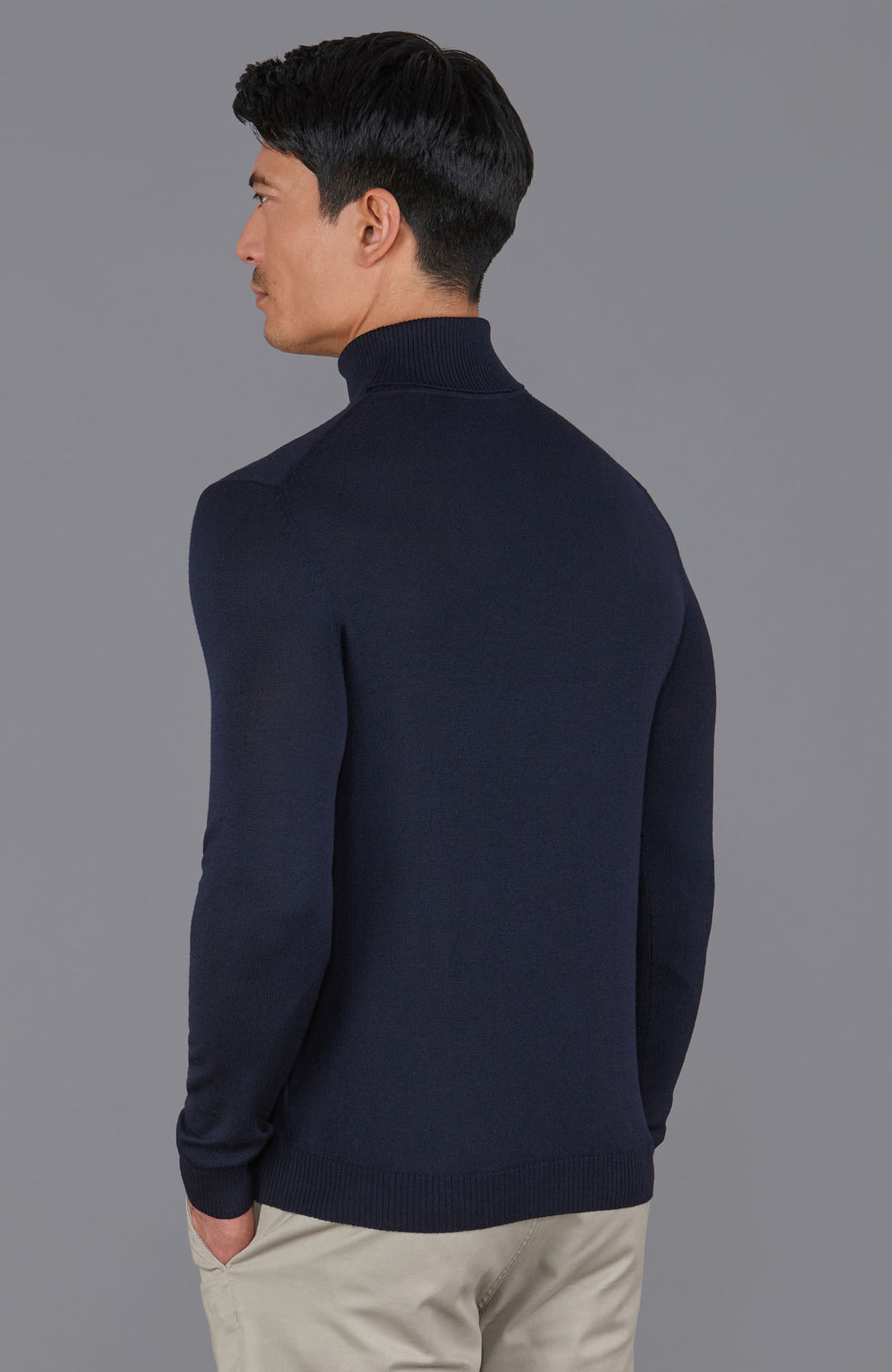 mens navy merino wool roll jumper by Paul James