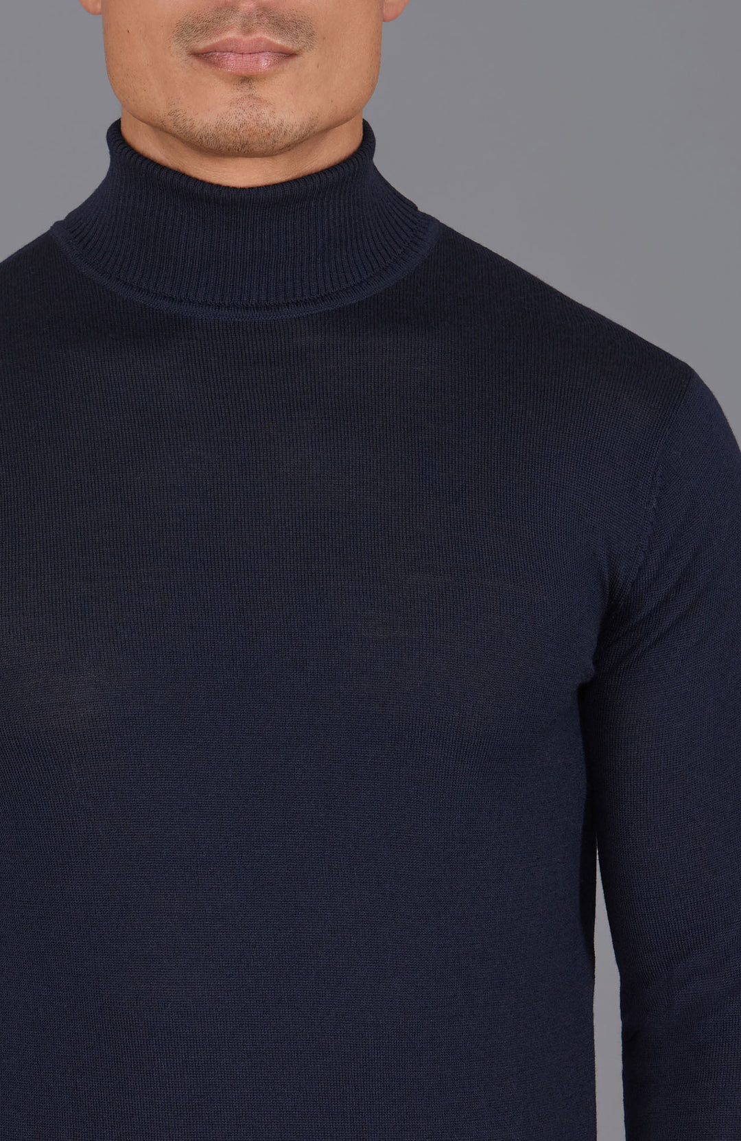 mens navy merino wool roll jumper by Paul James