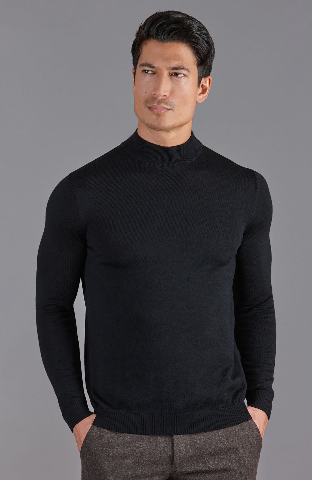 black mens merino wool mock turtle neck jumper by Paul James