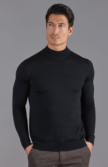black mens merino wool mock turtle neck jumper by Paul James
