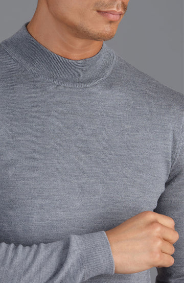 grey mens merino wool mock turtle neck jumper by Paul James
