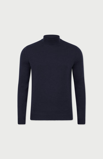 Navy Mens Extra Fine Merino Wool Turtle Neck Jumper By Paul James