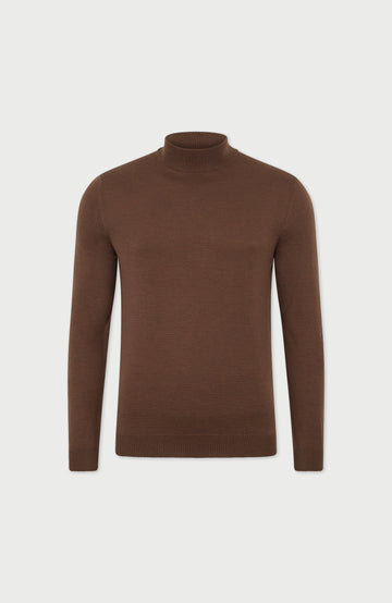 Oak Brown Mens Extra Fine Merino Wool Turtle Neck Jumper By Paul James