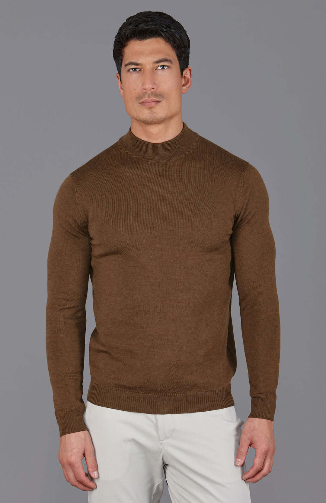 brown mens mock turtle neck jumper by Paul James