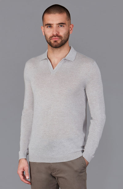 mens grey merino wool buttonless polo shirt