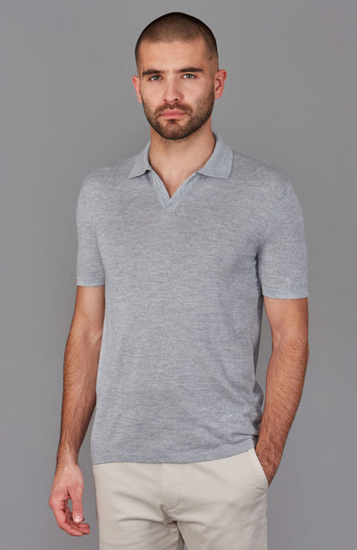 grey mens short sleeve merino wool open collar polo shirt