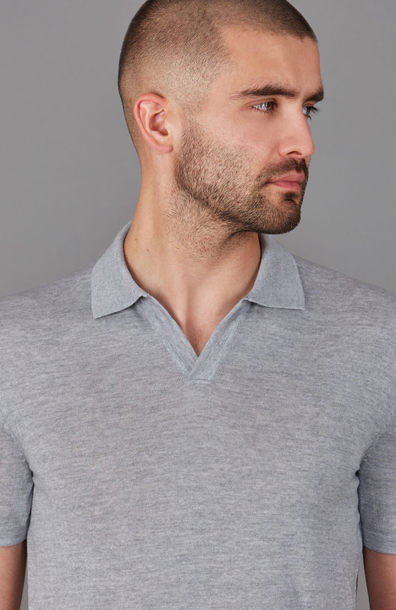 grey mens short sleeve merino wool open collar polo shirt