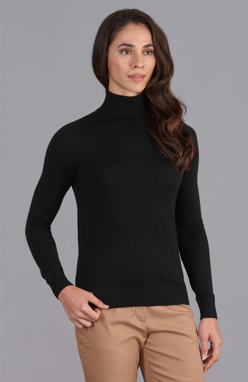black womens merino wool roll neck jumper