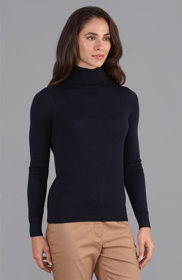 navy womens merino wool roll neck jumper