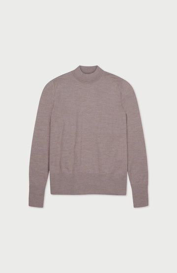 Beige women's extra fine merino wool mock neck jumper with back detail by Paul James Knitwear