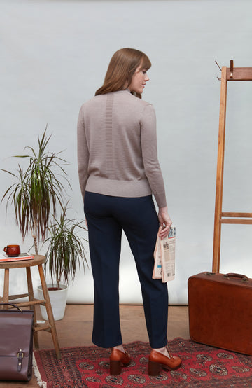 Beige women's extra fine merino wool mock neck jumper with back detail by Paul James Knitwear